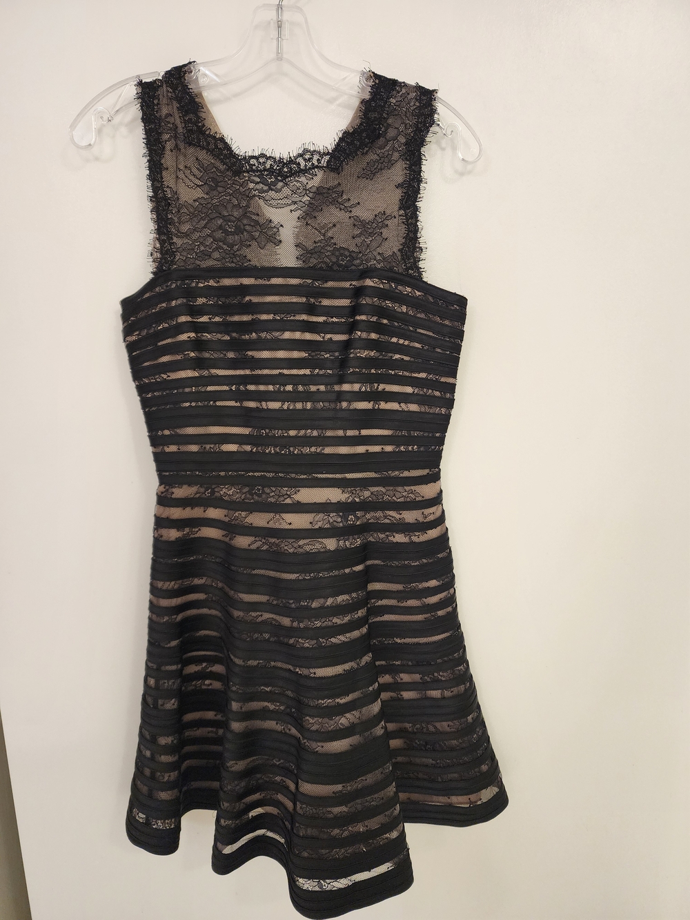 BCBGMaxAzria Black Lace Overlay with Nude Underlay Fit & Flare Mini Dress
